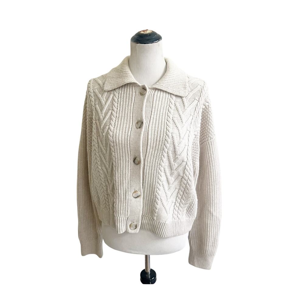 Babaton Cardigan Sweater Women's XS Beige Cable Knit Merino Wool Cozy Minimalist
